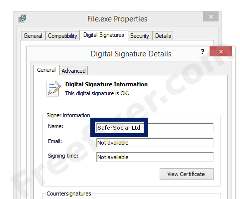 Screenshot of the SaferSocial Ltd certificate